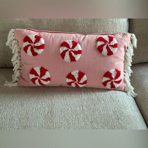 NWT SNOW DAY CO. Pink Peppermint Fringe Decorative Pillow Christmas Lumbar